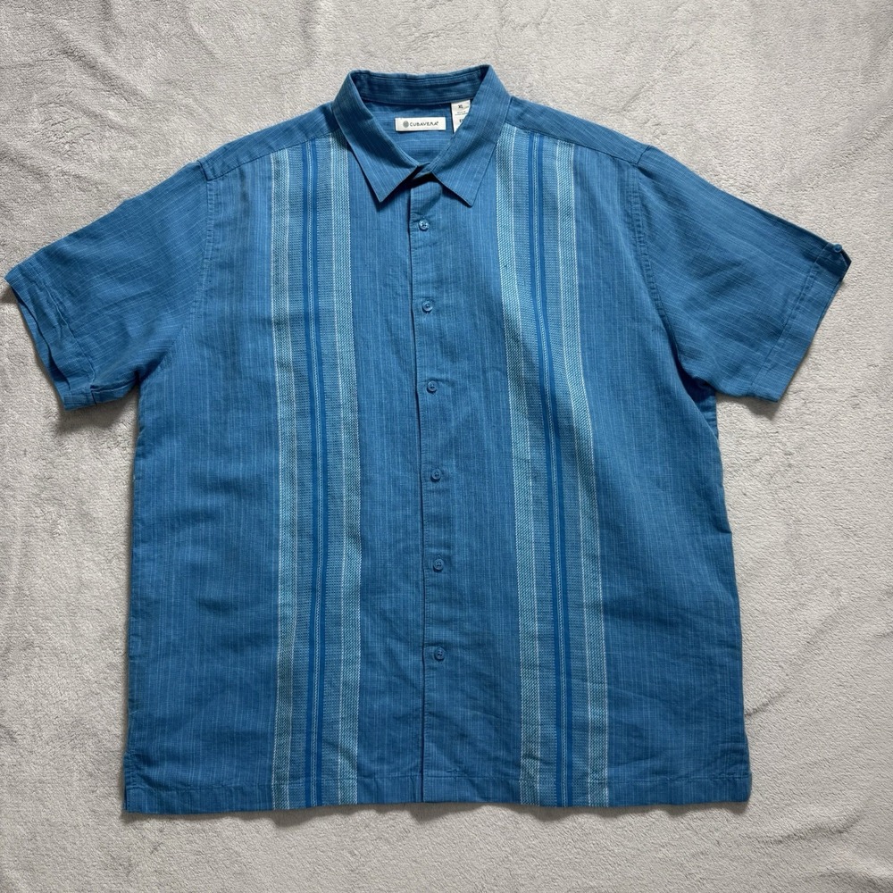 Cubavera Mens XL Blue Linen Cotton Shirt Embroidered Short Sleeve Button Up